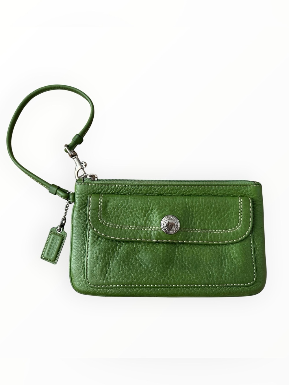 VTG Coach Green Pebbled Leather Wristlet Pouch Front Flap Pocket Silver Hardware